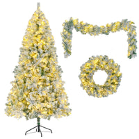 HKM-813523 6 Feet Snow-Covered Christmas Tree with Pre-Installed Colored LED Lights, Hinged Design, Wreath & Garland Included