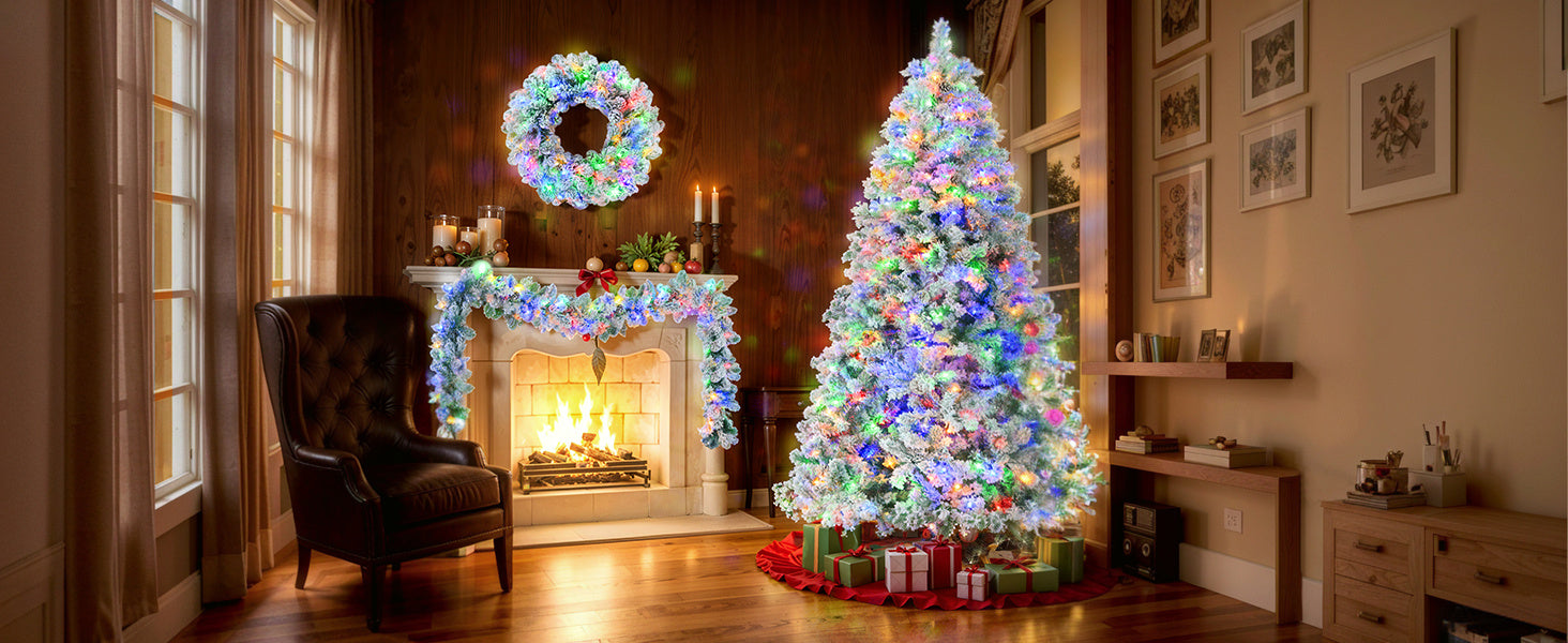 HKM-813523 6 Feet Snow-Covered Christmas Tree with Pre-Installed Colored LED Lights, Hinged Design, Wreath & Garland Included