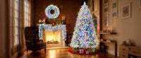 HKM-813523 6 Feet Snow-Covered Christmas Tree with Pre-Installed Colored LED Lights, Hinged Design, Wreath & Garland Included
