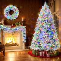 HKM-813523 6 Feet Snow-Covered Christmas Tree with Pre-Installed Colored LED Lights, Hinged Design, Wreath & Garland Included