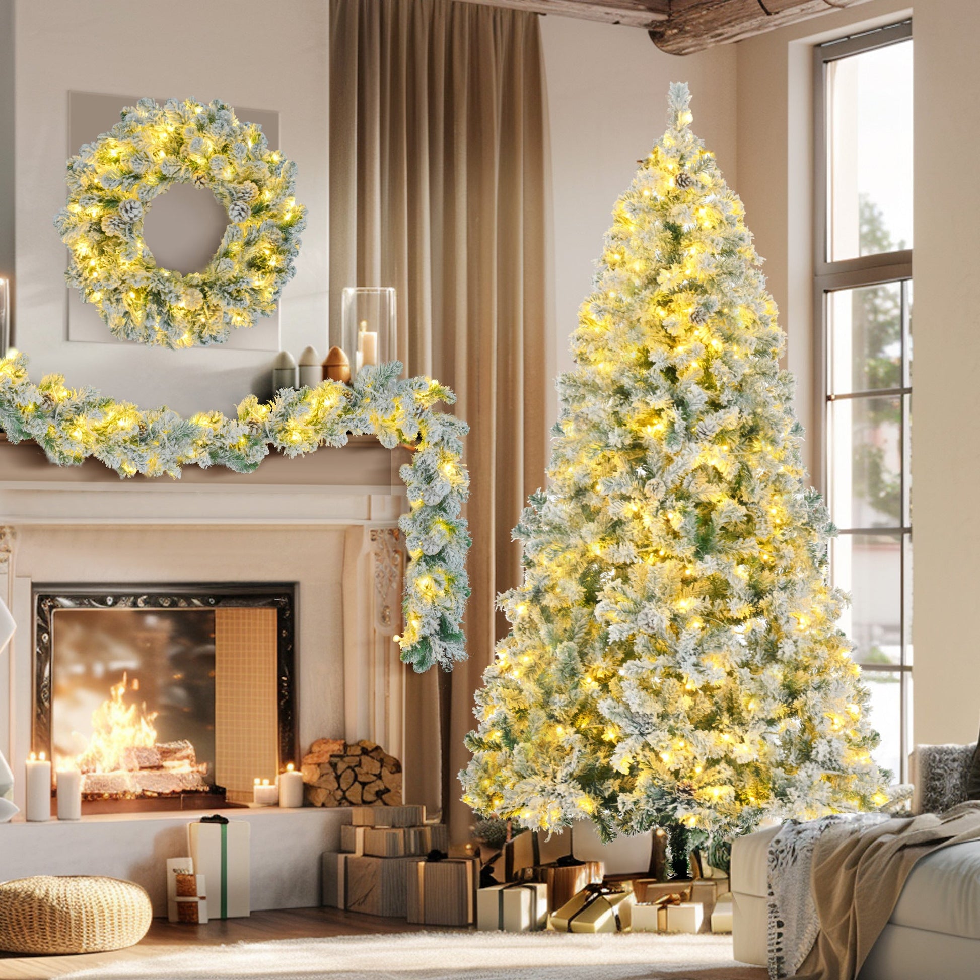 HKM-813523 6 Feet Snow-Covered Christmas Tree with Pre-Installed Colored LED Lights, Hinged Design, Wreath & Garland Included