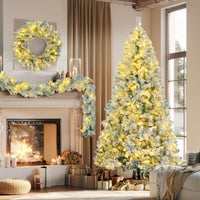HKM-813523 6 Feet Snow-Covered Christmas Tree with Pre-Installed Colored LED Lights, Hinged Design, Wreath & Garland Included