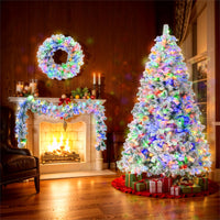 HKM-813523 6 Feet Snow-Covered Christmas Tree with Pre-Installed Colored LED Lights, Hinged Design, Wreath & Garland Included
