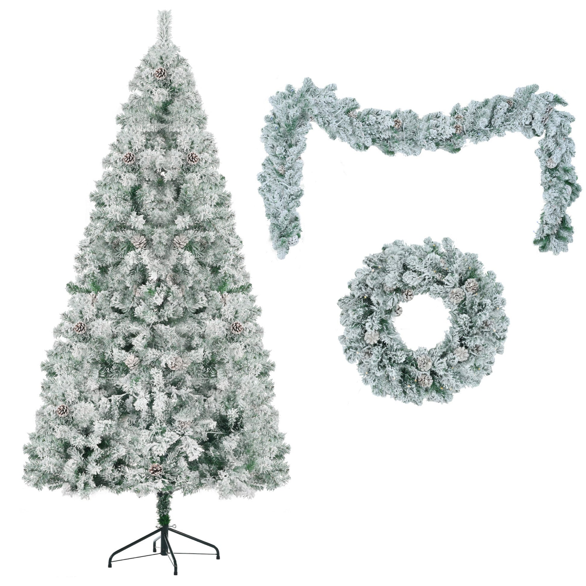 HKM-813523 6 Feet Snow-Covered Christmas Tree with Pre-Installed Colored LED Lights, Hinged Design, Wreath & Garland Included