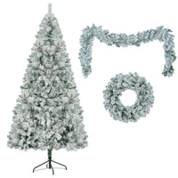 HKM-813523 6 Feet Snow-Covered Christmas Tree with Pre-Installed Colored LED Lights, Hinged Design, Wreath & Garland Included