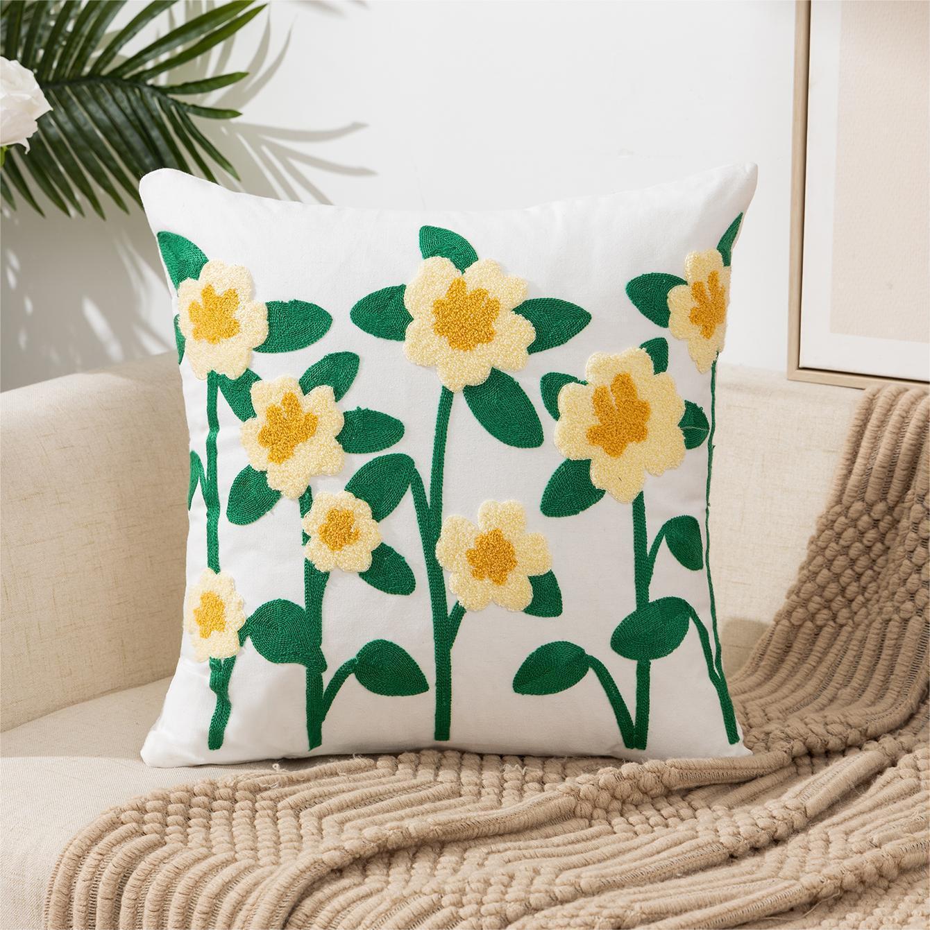 HKM-813523 Flower Embroidered Nordic Pillow Cover – 45x45CM Botanical Design