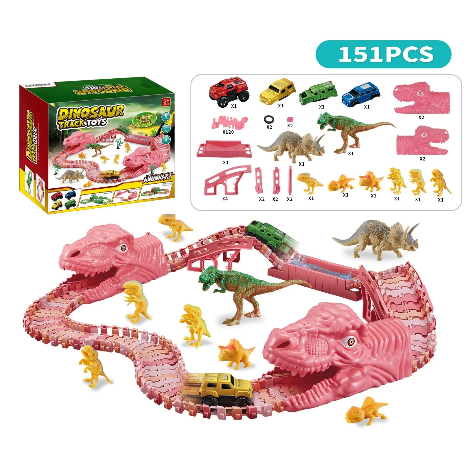HKM-813651 Dinosaur Assembled Track Electric Car Set - DIY Slot Car Racing for Kids 3 Years & Up