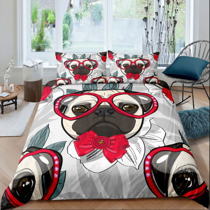 HKM-814355 3D Pug Digital Printed Bedding Set - Modern Cartoon Design, Polyester Fiber, 3-Piece Collection