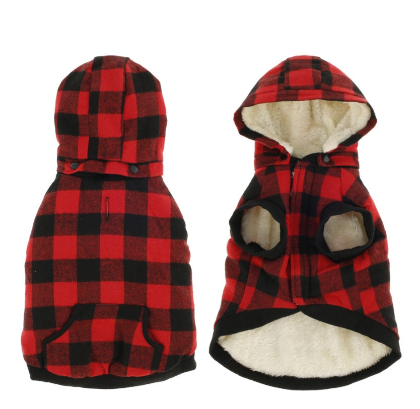 HKM-814419 Plaid Detachable Hat Thickened Pet Dog Jacket for Autumn and Winter