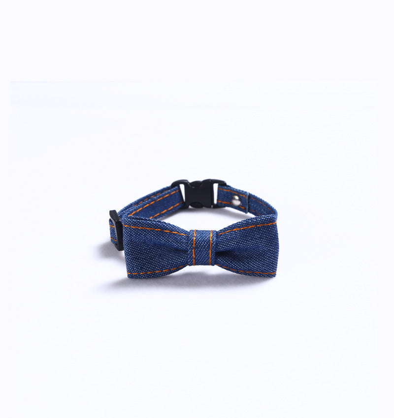 HKM-815571 Adjustable Denim Bow Tie Collar for Cats and Dogs - Geometric Pattern, All Seasons, S (16-32cm)