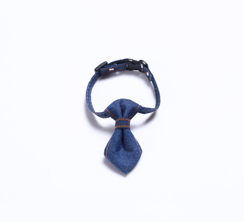 HKM-815571 Adjustable Denim Bow Tie Collar for Cats and Dogs - Geometric Pattern, All Seasons, S (16-32cm)