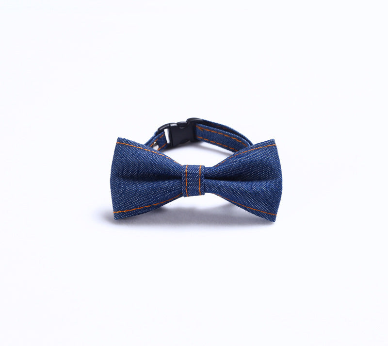 HKM-815571 Adjustable Denim Bow Tie Collar for Cats and Dogs - Geometric Pattern, All Seasons, S (16-32cm)