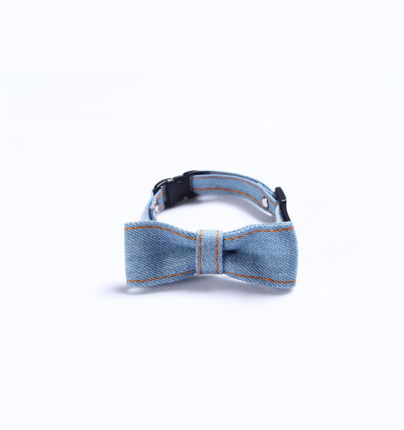 HKM-815571 Adjustable Denim Bow Tie Collar for Cats and Dogs - Geometric Pattern, All Seasons, S (16-32cm)