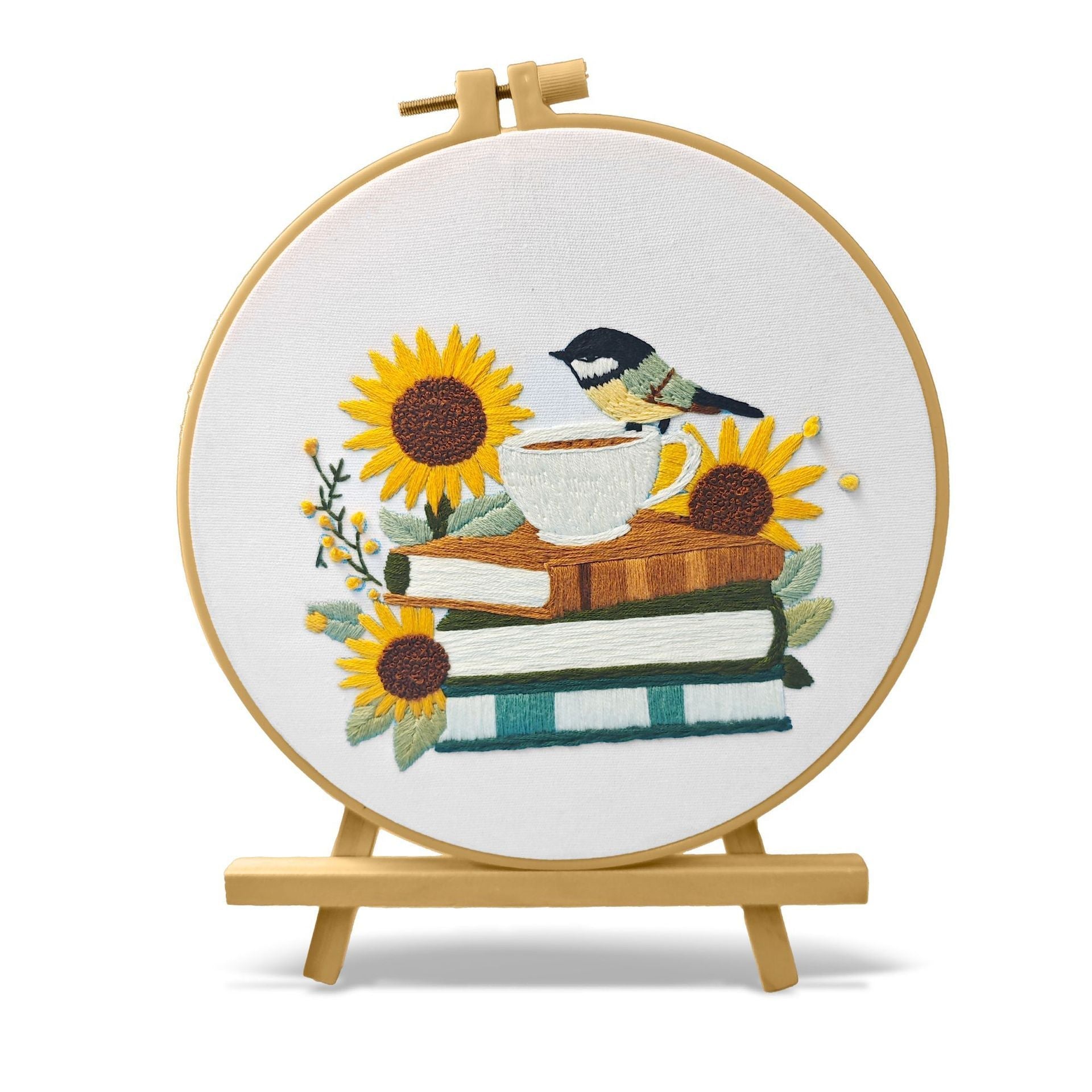 HKM-815635 Bird Sunflower Embroidery Fabric Material Package - Cotton and Linen, Modern Simplicity Design