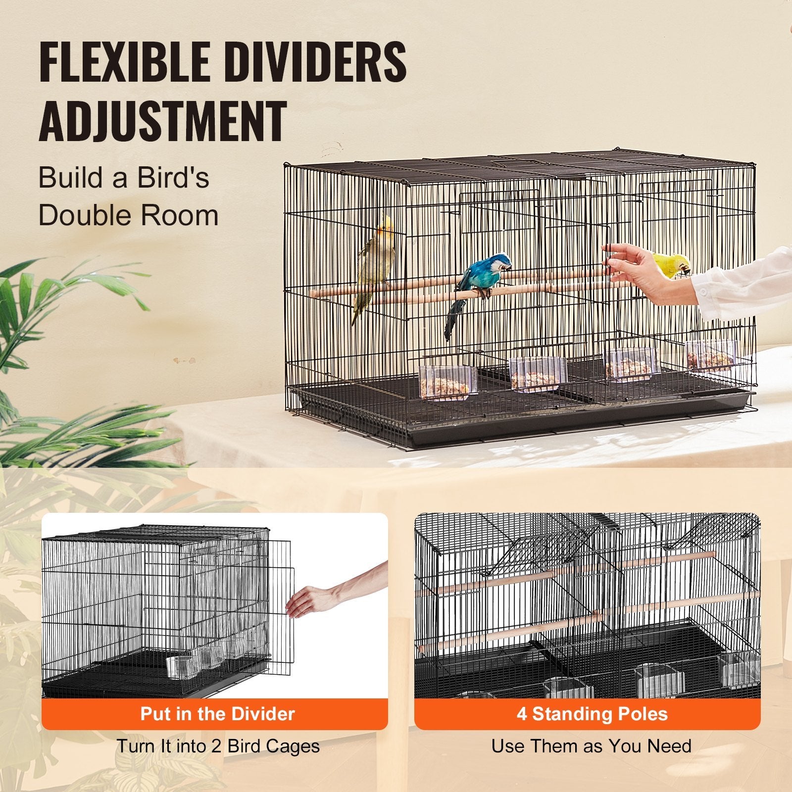 HKM-815635 Spacious 18-Inch Metal Bird Cage with Divider, 5 Perches, 4 Feeding Cups for Parakeets, Canaries, Lovebirds, and Cockatiels