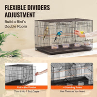 HKM-815635 Spacious 18-Inch Metal Bird Cage with Divider, 5 Perches, 4 Feeding Cups for Parakeets, Canaries, Lovebirds, and Cockatiels