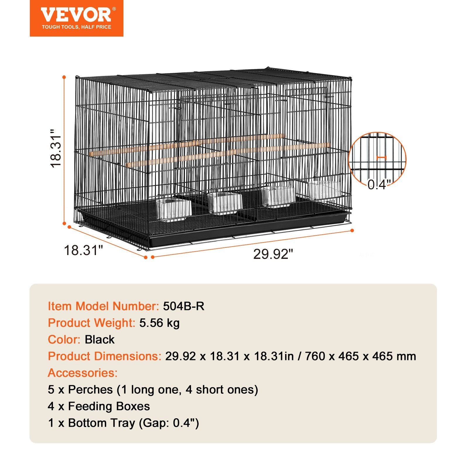HKM-815635 Spacious 18-Inch Metal Bird Cage with Divider, 5 Perches, 4 Feeding Cups for Parakeets, Canaries, Lovebirds, and Cockatiels