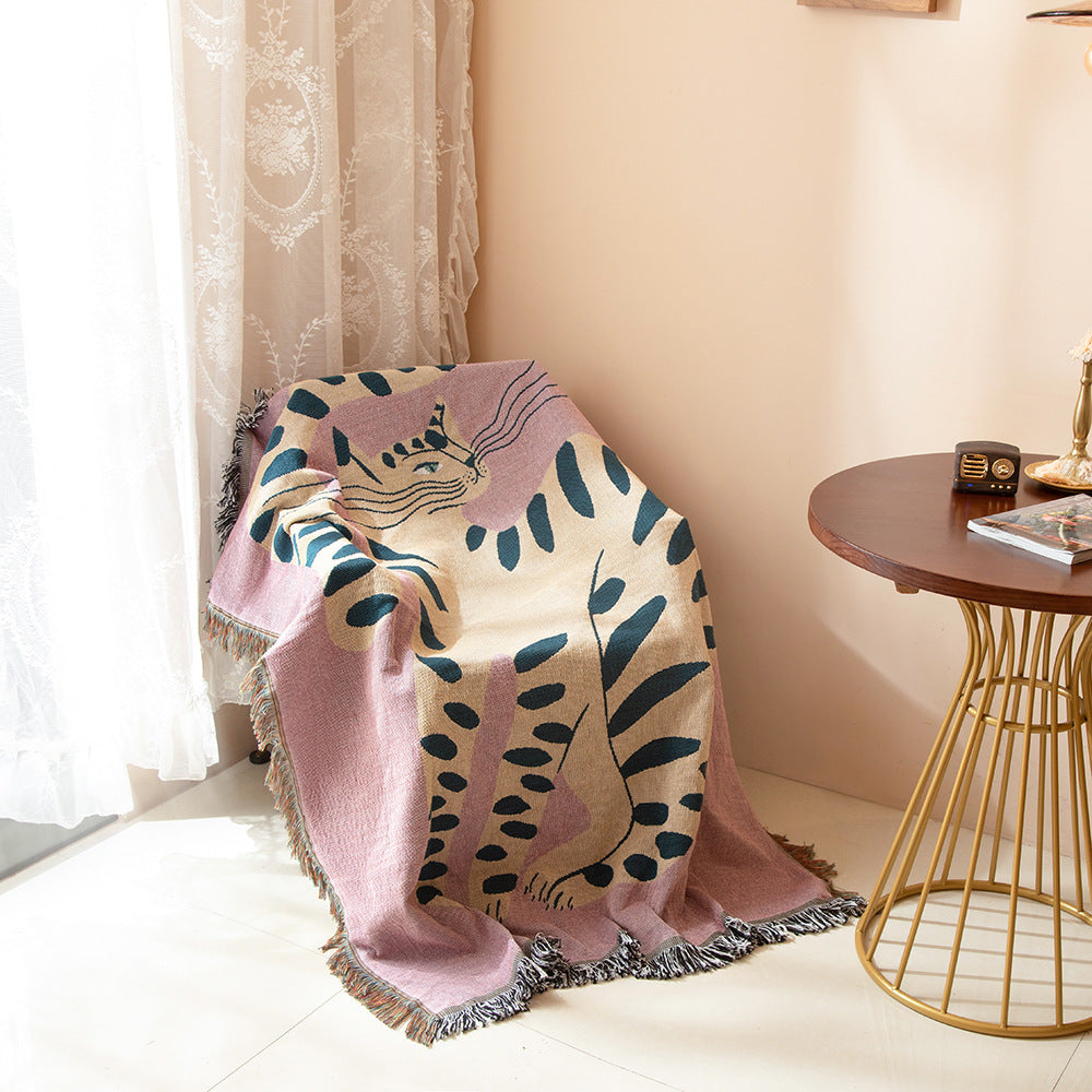 HKM-816019 Pink Cat Chenille Camping Rug - Cartoon Anime Design, 130x160cm Cotton, All-Season Use