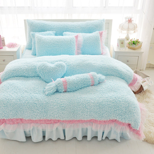 HKM-816531 Cashmere Four-Piece Thick Lace Coral Fleece Bed Suit for 1.2m and 1.8m Beds in White Rose and Winter Love Song Blue Powder