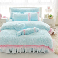 HKM-816531 Cashmere Four-Piece Thick Lace Coral Fleece Bed Suit for 1.2m and 1.8m Beds in White Rose and Winter Love Song Blue Powder