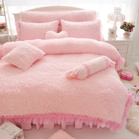 HKM-816531 Cashmere Four-Piece Thick Lace Coral Fleece Bed Suit for 1.2m and 1.8m Beds in White Rose and Winter Love Song Blue Powder