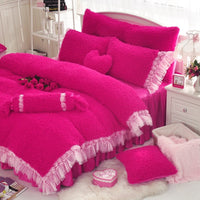 HKM-816531 Cashmere Four-Piece Thick Lace Coral Fleece Bed Suit for 1.2m and 1.8m Beds in White Rose and Winter Love Song Blue Powder