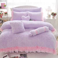 HKM-816531 Cashmere Four-Piece Thick Lace Coral Fleece Bed Suit for 1.2m and 1.8m Beds in White Rose and Winter Love Song Blue Powder