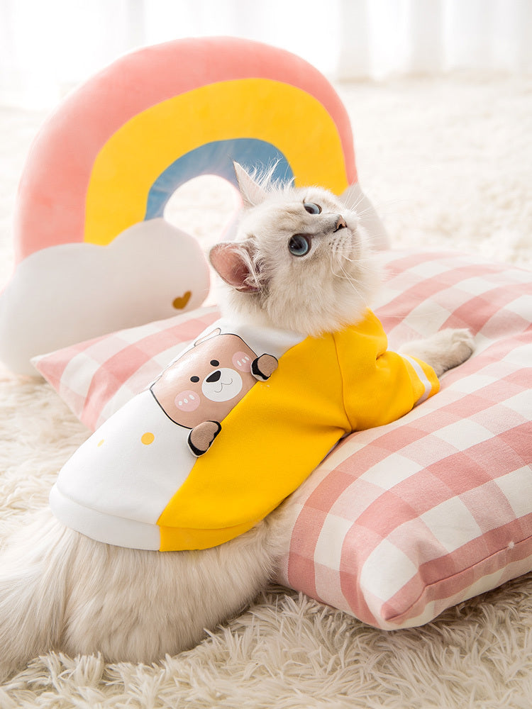 HKM-817107 Cute Blue Cat Sweater for Dogs and Cats - Anti-Hair Autumn & Winter Outfit with Bear Pattern