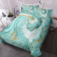 HKM-817171 Chic Marble Duvet Cover Set with Gold Glitter in Mint and Turquoise - 3-Piece Bedding Ensemble