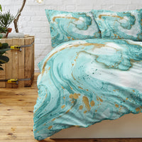 HKM-817171 Chic Marble Duvet Cover Set with Gold Glitter in Mint and Turquoise - 3-Piece Bedding Ensemble