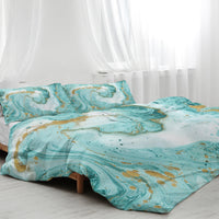HKM-817171 Chic Marble Duvet Cover Set with Gold Glitter in Mint and Turquoise - 3-Piece Bedding Ensemble