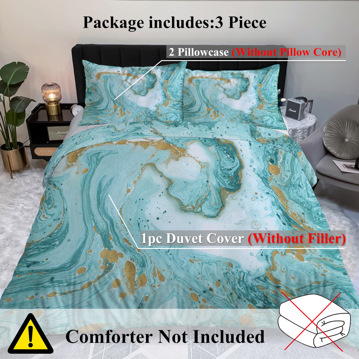 HKM-817171 Chic Marble Duvet Cover Set with Gold Glitter in Mint and Turquoise - 3-Piece Bedding Ensemble