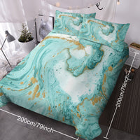 HKM-817171 Chic Marble Duvet Cover Set with Gold Glitter in Mint and Turquoise - 3-Piece Bedding Ensemble