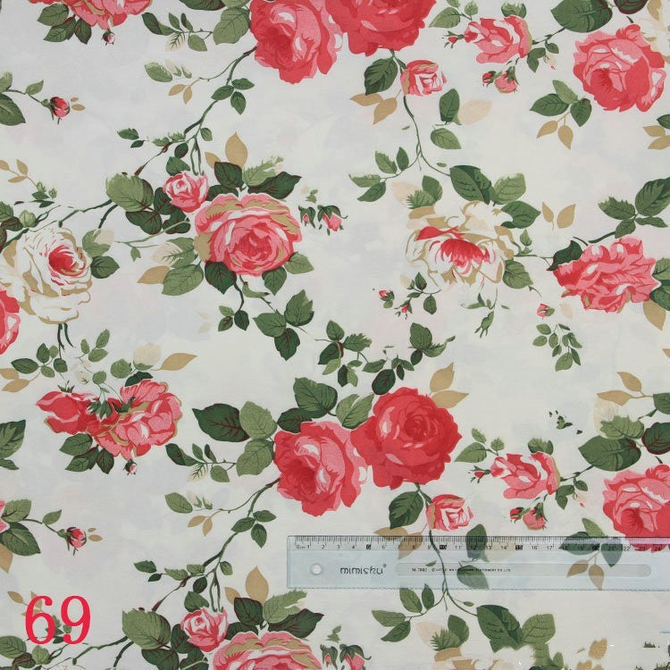 HKM-817683 Beige Base Polyester Printed Fabric with Large Flower and Rattan Leaf Design, 150cm Width, 1x1.5M Length