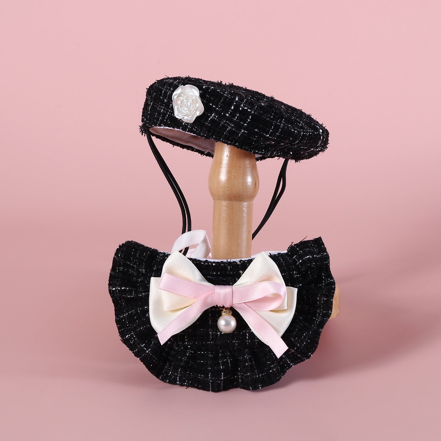 HKM-818515 Flower Beret Hat and Bow Lace Bib Set in Pink and Black
