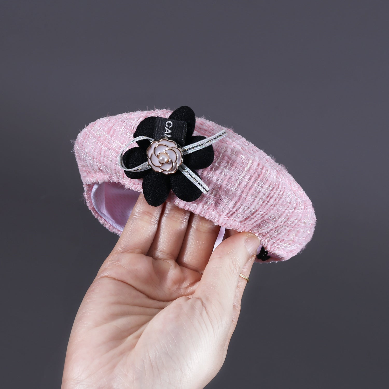 HKM-818515 Flower Beret Hat and Bow Lace Bib Set in Pink and Black