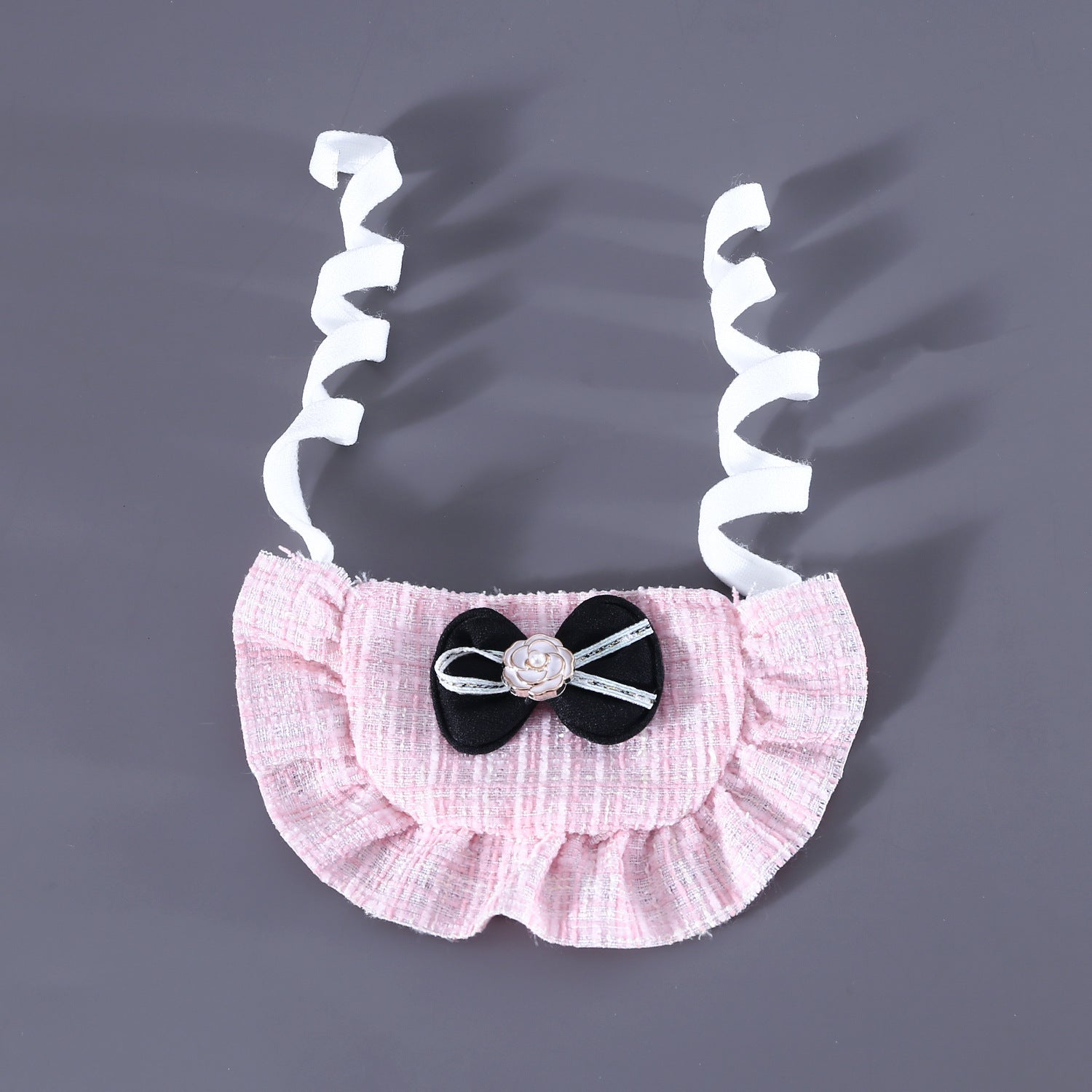 HKM-818515 Flower Beret Hat and Bow Lace Bib Set in Pink and Black