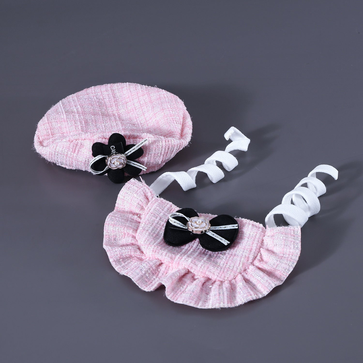 HKM-818515 Flower Beret Hat and Bow Lace Bib Set in Pink and Black