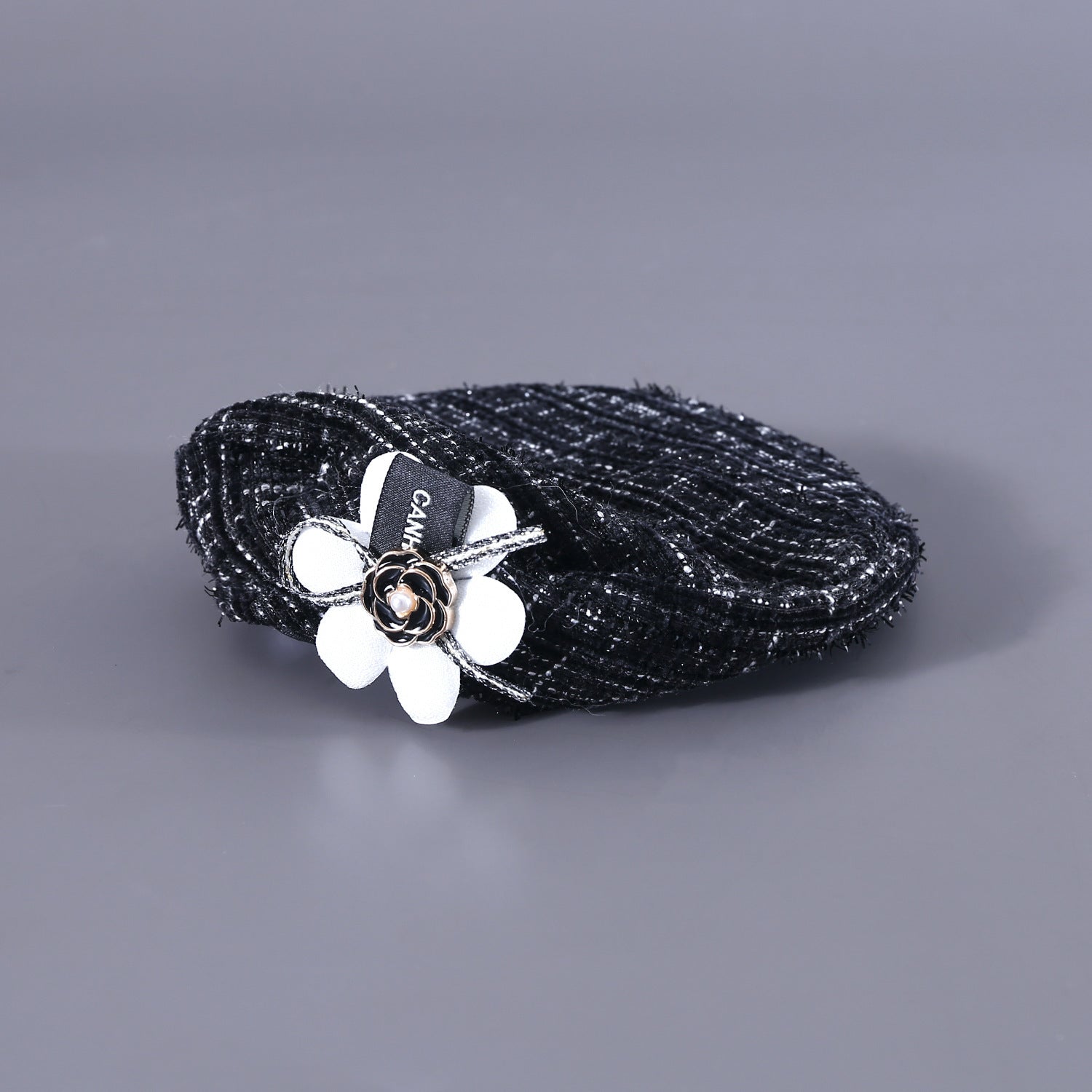 HKM-818515 Flower Beret Hat and Bow Lace Bib Set in Pink and Black