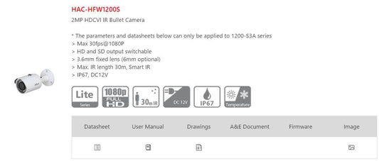 KTX-818707 Dahua DH-HAC-HFW1200SP 2MP Infrared Surveillance Camera, Semi-Plastic & Semi-Metal Design