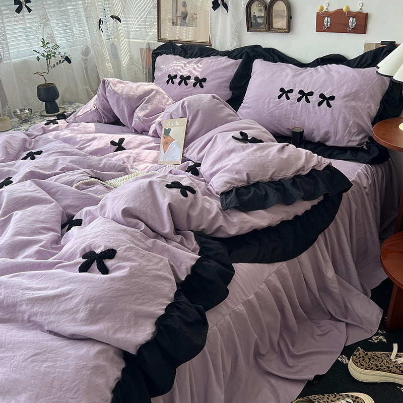 HKM-818835 Cream Lace Bow Washed Cotton Four-Piece Bedding Set