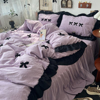 HKM-818835 Cream Lace Bow Washed Cotton Four-Piece Bedding Set