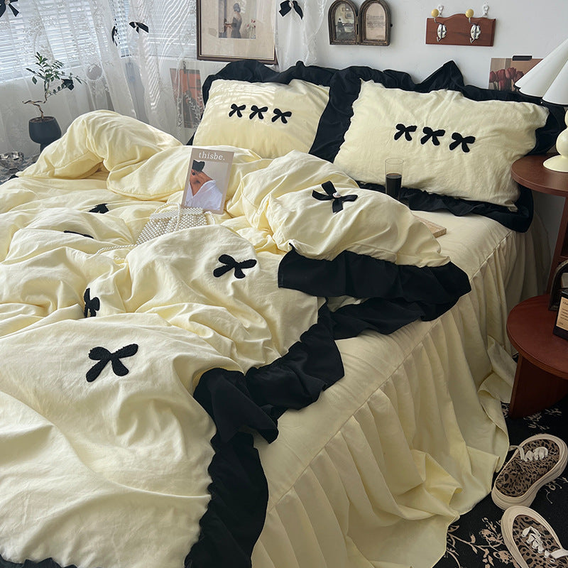 HKM-818835 Cream Lace Bow Washed Cotton Four-Piece Bedding Set