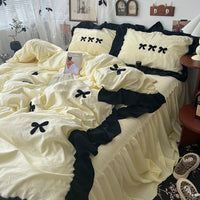 HKM-818835 Cream Lace Bow Washed Cotton Four-Piece Bedding Set