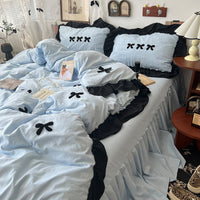 HKM-818835 Cream Lace Bow Washed Cotton Four-Piece Bedding Set