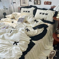 HKM-818835 Cream Lace Bow Washed Cotton Four-Piece Bedding Set