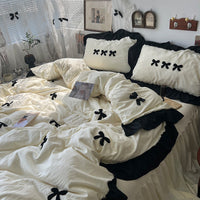 HKM-818835 Cream Lace Bow Washed Cotton Four-Piece Bedding Set