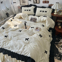 HKM-818835 Cream Lace Bow Washed Cotton Four-Piece Bedding Set