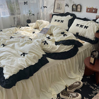 HKM-818835 Cream Lace Bow Washed Cotton Four-Piece Bedding Set