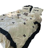 HKM-818835 Cream Lace Bow Washed Cotton Four-Piece Bedding Set